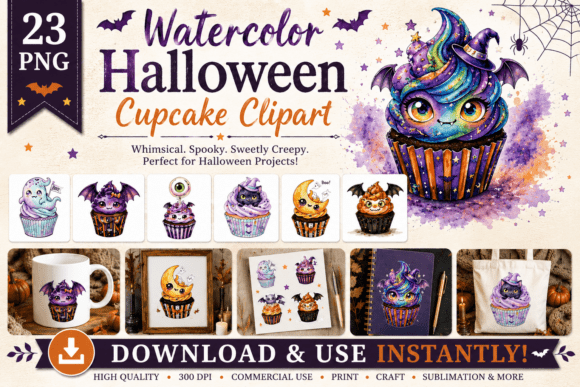 Download Watercolor Halloween Cupcake Clipart - Premium Bundle